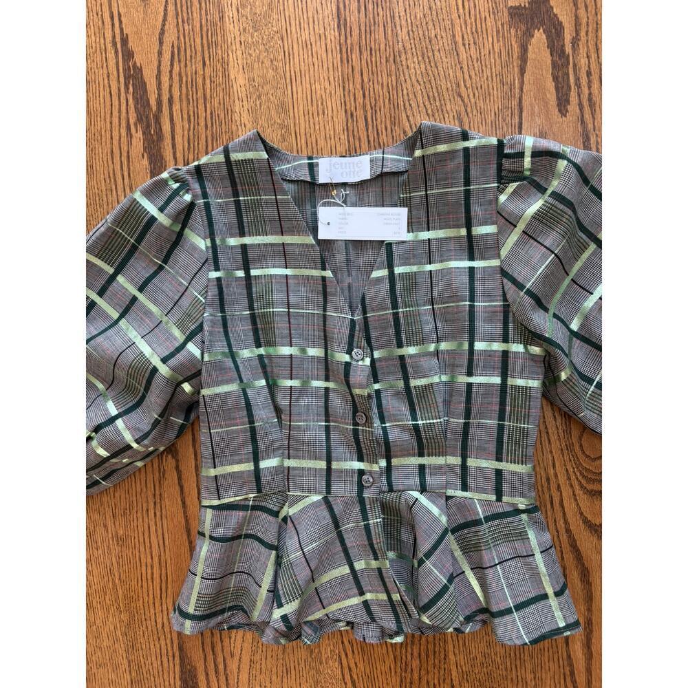 Jeune Otte Women's Christine Blouse Wool Plaid Peplum Top Green Multi Size S NWT - Picture 7 of 7